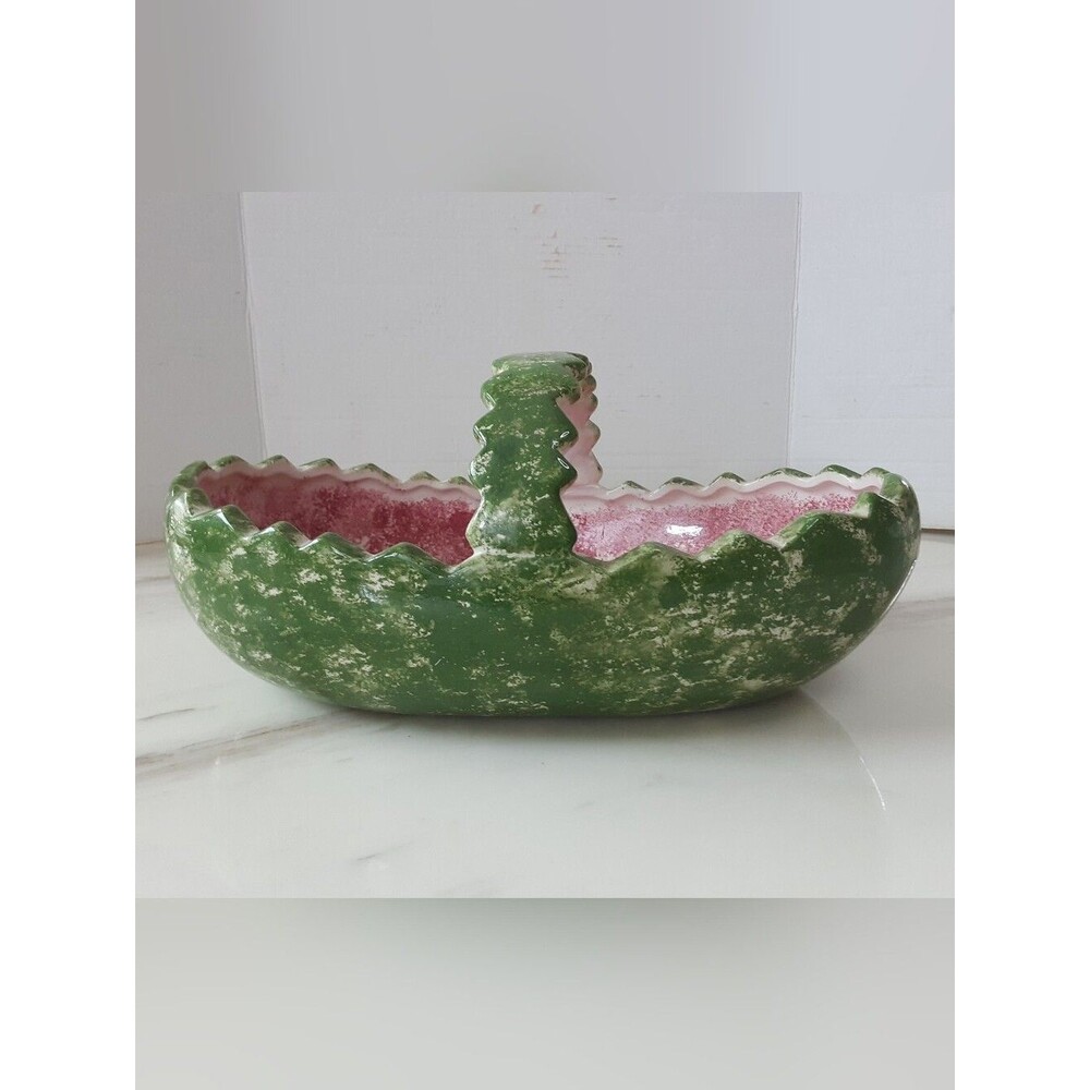 Large Handpainted Watermelon Scalloped Rim Decorative Ceramic Basket - Vtg